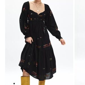 Urban Outfitters Fiona Embroidered Long Sleeve Babydoll Midi Dress medium